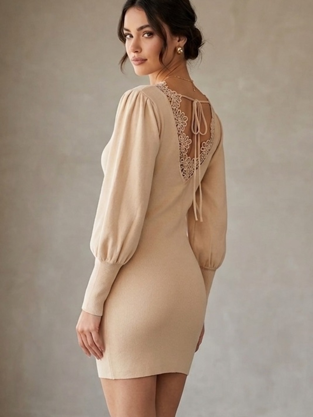 Women’s Beige Long Sleeve Sweater Dress Lace Trim Keyhole Neck Boho
